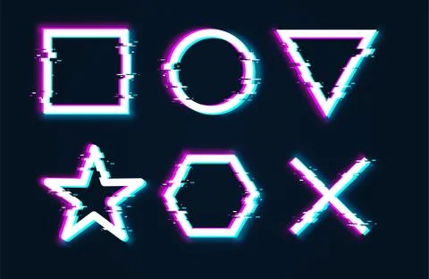 Distorted glitch frame. Glitched circle, square, hexagon, cross, star Stock Illustration