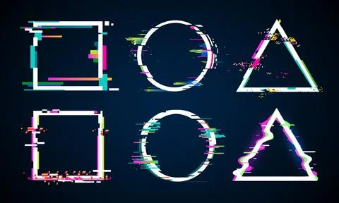 Distorted glitch frame. Glitched circle, square and triangle frames. Music .. Stock Illustration