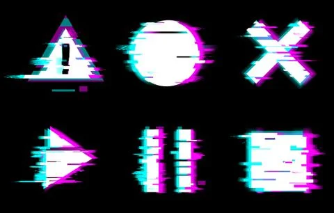 Distorted glitch style buttons vector illustration set. Play, pause, stop 스톡 일러스트