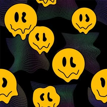 Distorted grid and melt smile face seamless pattern. Vector illustration. Deform Stock Illustration