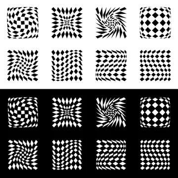 Distorted mesh, grid geometric element. Set of 8 shape in black and white Stock Illustration