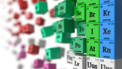 Distorted periodic table concept. cubes colored by element groups. 3d Stock Illustration