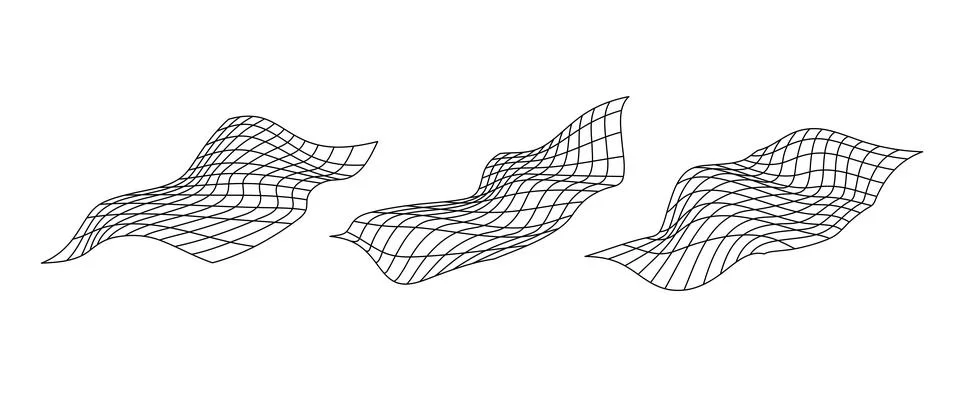 Distorted perspective grid pack. Glitch rectangle plane set. Wavy futuristic Stock Illustration