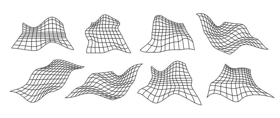 Distorted perspective grid pack. Glitch rectangle plane set. Wavy futuristic Stock Illustration