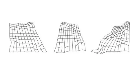 Distorted perspective grid set. Glitch rectangle plane collection. Retro wavy Stock Illustration