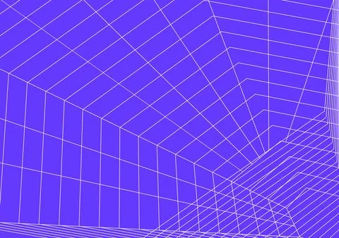 Distorted perspective wireframe grid spatial geometry vector background purple Stock Illustration