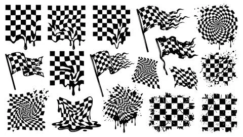 Distorted racing checkered flag designs in grunge liquid drip style vector se Stock Illustration
