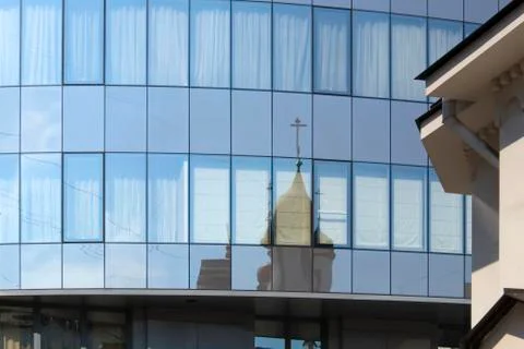 Distorted reflection of old orthodox cathedral Stock Photos