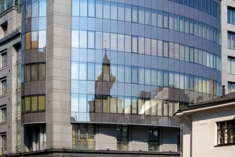 Distorted reflection of old orthodox cathedral in the windows Stock Photos