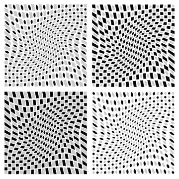 Distorted spirally, rotating patterns with squares and circles Stock Illustration