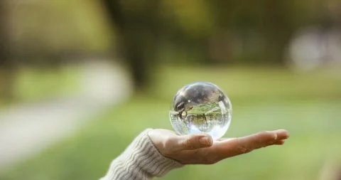 Distorted upside down view of a park landscape through a glass sphere Stock Footage 106581151