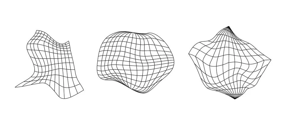 Distorted wireframe elements collection. Geometric surface grid set. Distorted イラスト素材