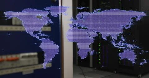 Distorting purple digital world map over computer server room Stock Photos