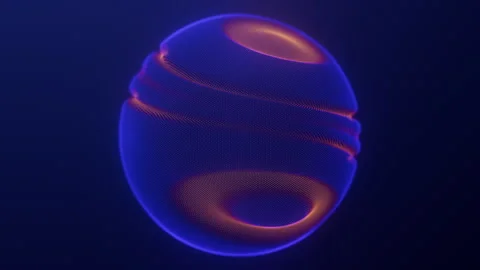 Distortion waves on abstract sphere of particles loop. Digital data splash of Stockbeeldmateriaal 333402677