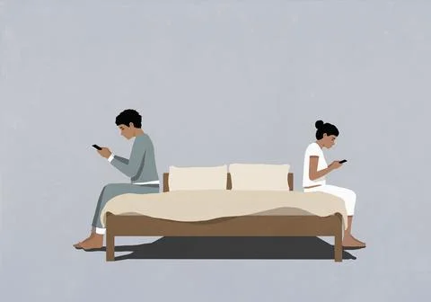 Distracted couple using smart phones back to back on bed Stock Illustration