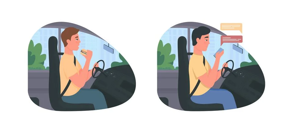 Distracted driving 2D vector web banner, poster set Stock Illustration