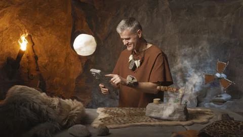 Distracted primitive man burning clothes while ironing Stock Photos