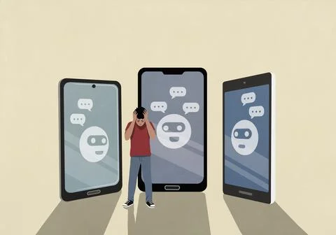 Distraught boy with head in hands standing in front of online chat bubbles on Illustrazione stock