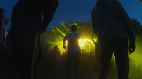 The distraught crowd is having fun to the music of the favorite band. Stockbeeldmateriaal 154158037