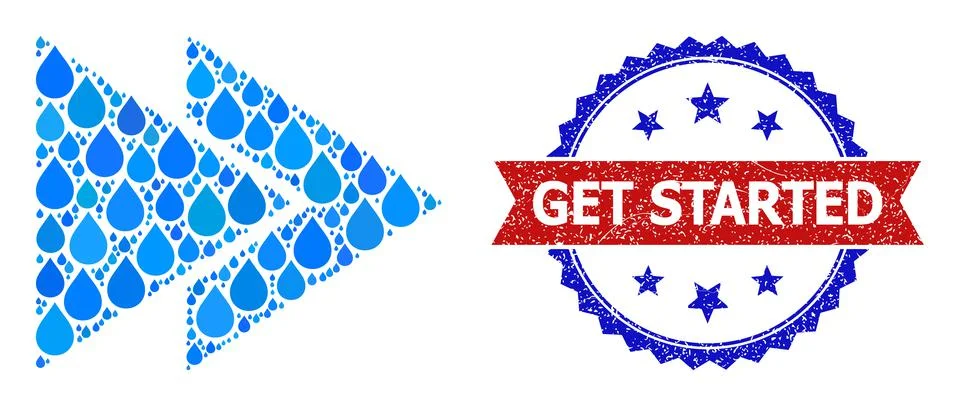 Distress Bicolor Get Started Stamp and Mosaic Fast Forward of Blue Liquid Drops Stock Illustration