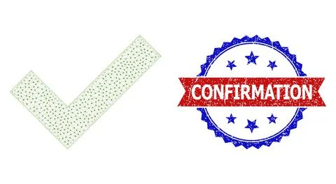 Distress Confirmation Round Rosette Bicolor Badge and Mesh Wireframe Yes Tick Stock Illustration