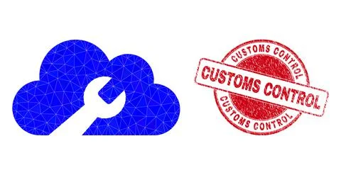 Distress Customs Control Round Stamp and Cloud Wrench Lowpoly Icon Stock Illustration