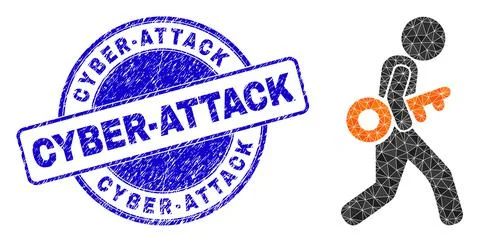 Distress Cyber-Attack Round Stamp Seal And Thief Steal Key Lowpoly Icon Stock Illustration