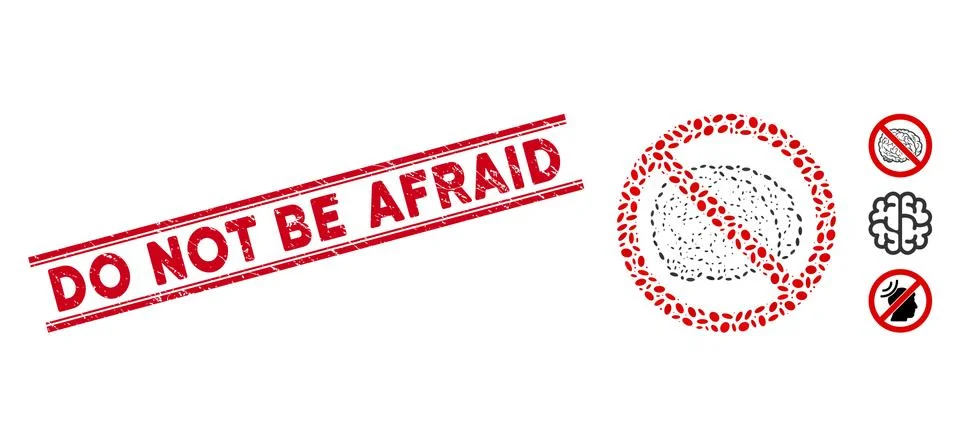 Distress Do Not Be Afraid Line Stamp with Mosaic No Brain Icon Stock Illustration