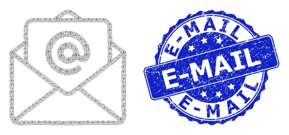Distress E-Mail Round Seal Stamp and Recursive Open E-Mail Icon Collage Stock Illustration