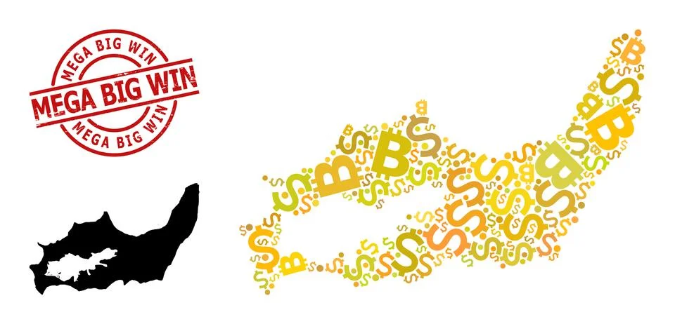 Distress Mega Big Win Stamp Seal with Dollar and BTC Golden Mosaic Map of Great Stock Illustration
