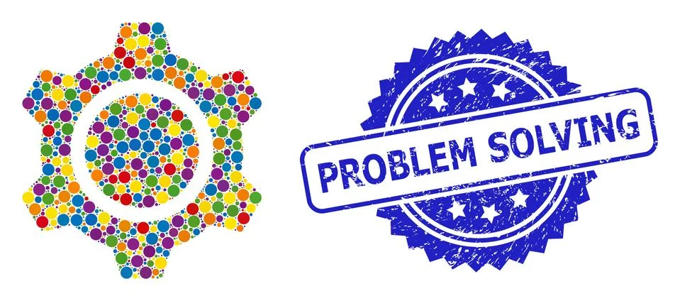 Distress Problem Solving Seal and Multicolored Mosaic Gear 스톡 일러스트