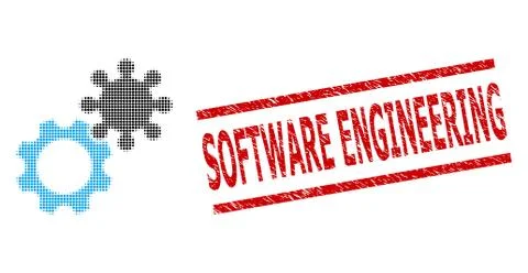 Distress Software Engineering Seal and Halftone Dotted Gears Stock Illustration