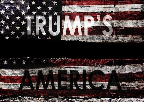 Distressed American flag torn in half with Trump's America text Stock Illustration