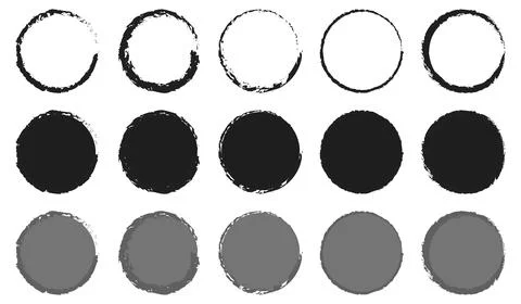 Distressed circular elements with rough gritty edges in monochrome tones fo.. Illustrazione stock