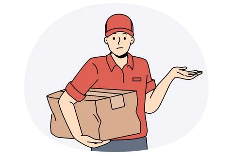 Distressed deliveryman with damaged parcel Illustrazione stock