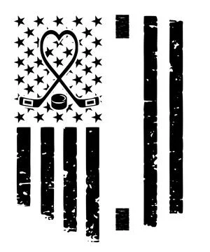 A distressed flag graphic features a heart shape formed by two crossed hockey Illustrazione stock