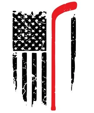 A distressed flag graphic is positioned next to a vertical hockey stick on a  Stock Illustration