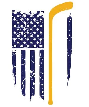 A distressed flag graphic is positioned next to a vertical hockey stick on a  Ilustración de archivo
