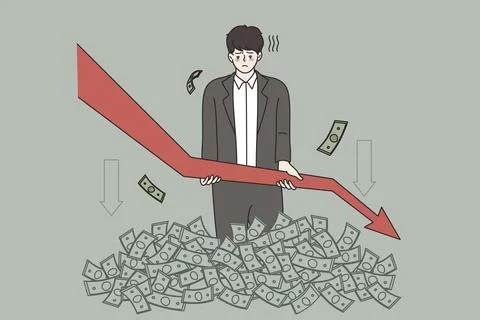 Distressed man in stack of money hold arrow facing down frustrated with business イラスト素材