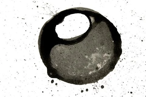 Distressed Monochrome Ink Circle Texture and Splatter Graphic on white back.. Stock Illustration