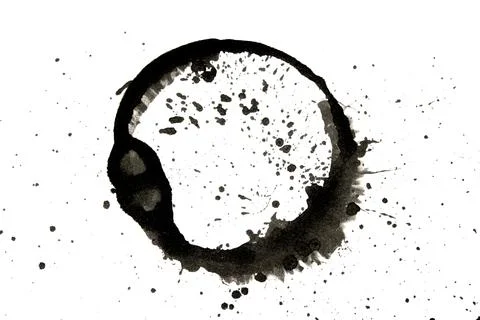 Distressed Monochrome Ink Circle Texture and Splatter Graphic on white back.. Stock Illustration