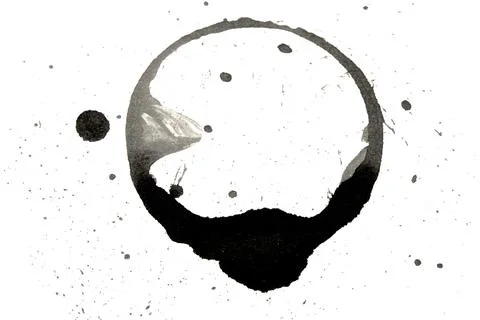Distressed Monochrome Ink Circle Texture and Splatter Graphic on white back.. Stock Illustration