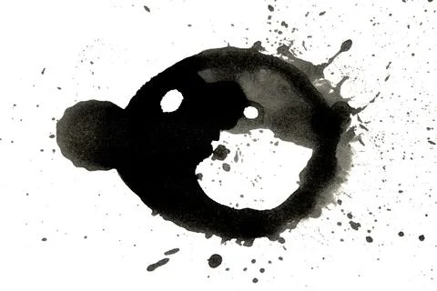 Distressed Monochrome Ink Circle Texture and Splatter Graphic on white back.. Stock Illustration
