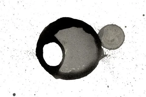 Distressed Monochrome Ink Circle Texture and Splatter Graphic on white back.. Stock Illustration