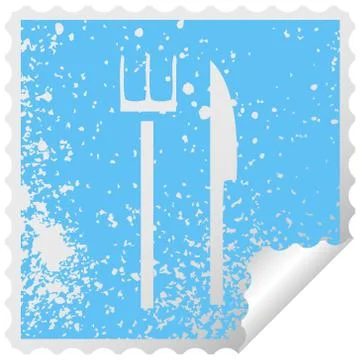Distressed square peeling sticker symbol knife and fork Stock Illustration