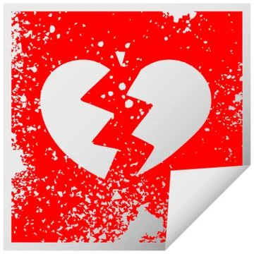 Distressed square peeling sticker symbol broken heart Stock Illustration
