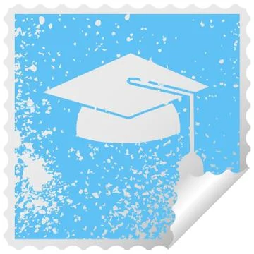 Distressed square peeling sticker symbol graduation cap Stock Illustration