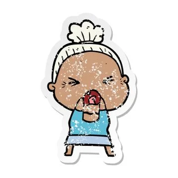 Distressed sticker of a cartoon angry old woman Stock Illustration