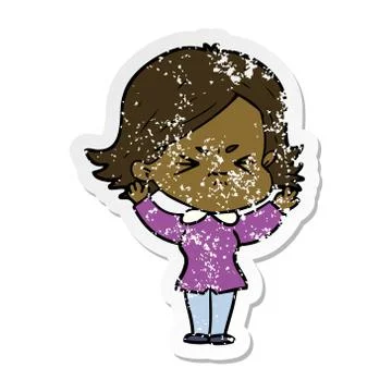 Distressed sticker of a cartoon angry woman Stock Illustration
