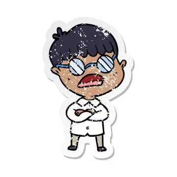 Distressed sticker of a cartoon boy with crossed arms wearing spectacles Stock Illustration